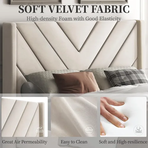 Vista 5 de YAHETECH - Base de cama tapizada tamaño individual con plataforma y cabecera con ala, soporte de listones de madera, cabecera copetada con ala, base
