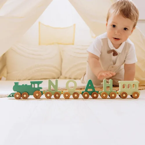 Vista 3 de BUSY PUZZLE Tren de madera personalizado del alfabeto con nombre y letras de nombre, juguetes educativos únicos, regalo de Pascua
