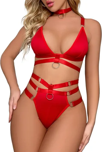 Vista 5 de Lilosy Conjunto de lencería con tiras de arnés vinculado con anillo sexy