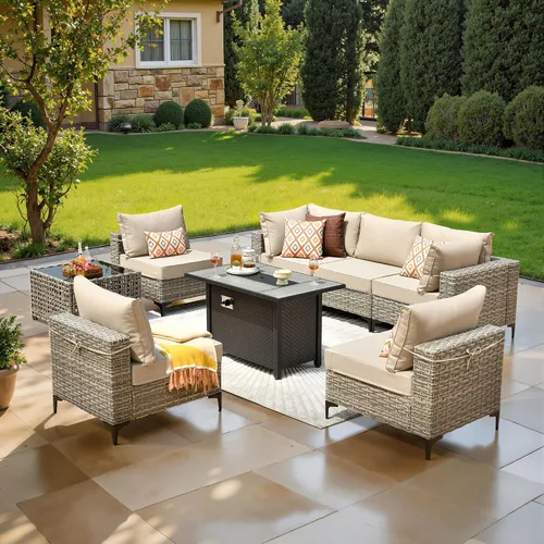 Vista 16 de ovios Muebles de patio de 8 piezas con hoguera, juego de conversación de mimbre de ratán para exteriores con mesa de centro brillante, cómodo sofá