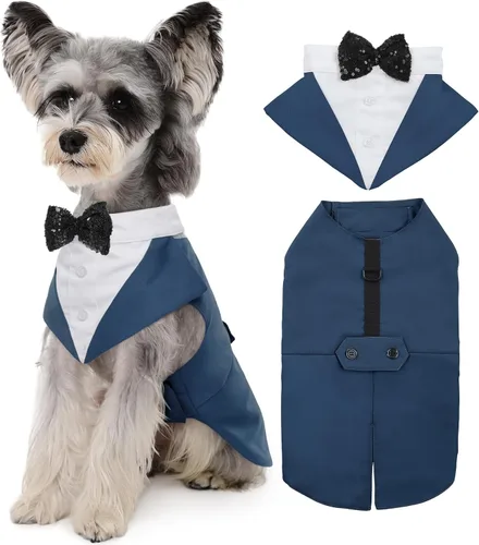 Vista 39 de Kuoser Conjunto de esmoquin para perro, traje de perro y bandana, disfraz Negro
