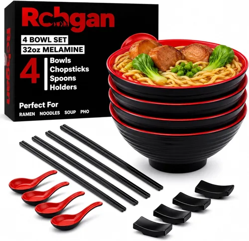 Vista 8 de Juego de Tazones Japoneses para Ramen de 32 oz – 20 Piezas de Tazones Pho de Melamina Negra con Palillos, Cucharas y Soportes – Vajilla para Fideos