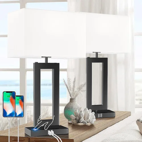 Vista 8 de Juego de 2 lámparas modernas para mesita de noche, con control táctil, USB C y A, regulables de 3 vías para dormitorios y sala de estar, gris y negro