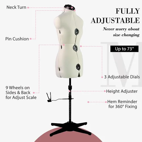 Vista 2 de Formas de Vestido para Costura, Maniquí Femenino Beige Talla Ajustable 6-14, Cuerpo de Modelo Pinchable con 13 Diales y Guía de Dobladillo de 360