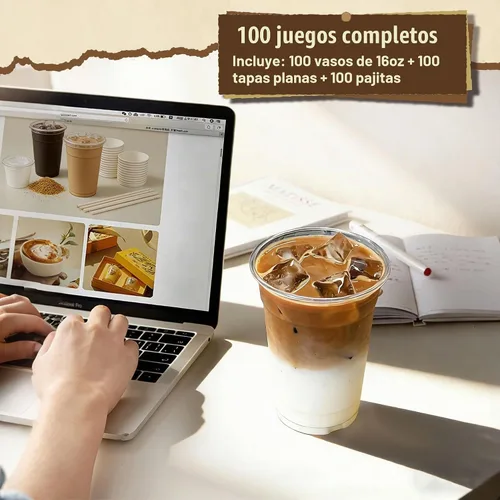 Vista 6 de Zcaukya Paquete de 100 vasos de plástico de 16 onzas con tapas y pajitas