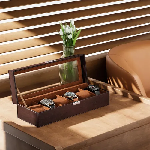 Vista 7 de ProCase Caja de reloj para hombre, estuche de exhibición de reloj con 6 ranuras para hombre, organizador de caja de reloj de piel sintética