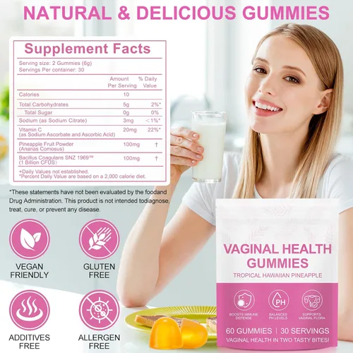Vista 8 de 60 unidades de probióticos vaginales vitales fuente femenina, equilibrio de pH para mujeres, gomitas de equilibrio femenino, suplemento de salud