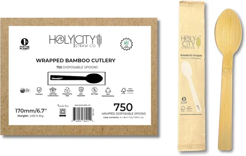 Vista 12 de Juego de cubiertos desechables de bambú envueltos 100 paquetes 1 cuchillo, 1 tenedor, 1 cuchara y 1 servilleta Kraft Utensilios biodegradables