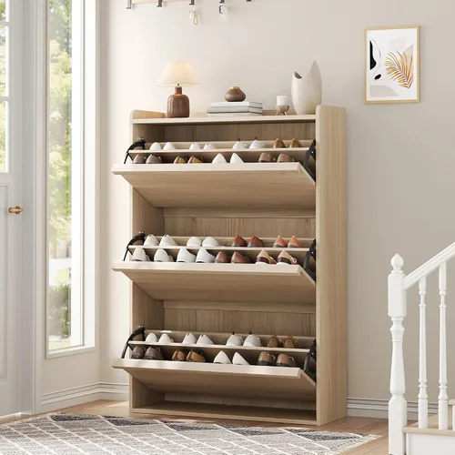 Vista 8 de IDEALHOUSE 2 zapateros con cajones abatibles, zapatero de madera con estante ajustable, organizador de zapatos independiente, almacenamiento oculto