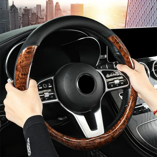 Vista 6 de Funda para volante de grano de madera, de piel de microfibra, transpirable, antideslizante, protector universal de 14.5-15 pulgadas, accesorios