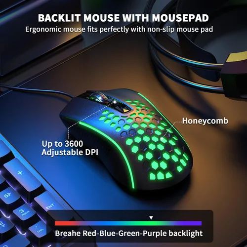 Vista 5 de AULA Combo de teclado para juegos, mouse y alfombrilla de ratón, paquete de teclado retroiluminado LED RGB, combo de teclado con cable USB
