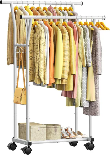 Vista 10 de Luxspire Perchero de doble barra para colgar ropa, perchero con ganchos laterales, estantes inferiores, ruedas de 360°, percheros para dormitorio