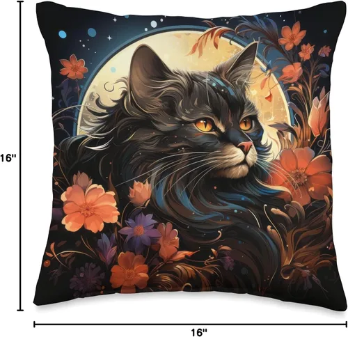 Vista 4 de Black Cat Staring Full Moon Flowers Shop Black Cat Staring - Almohada de luna llena con estrellas celestiales, 16 x 16 pulgadas, multicolor