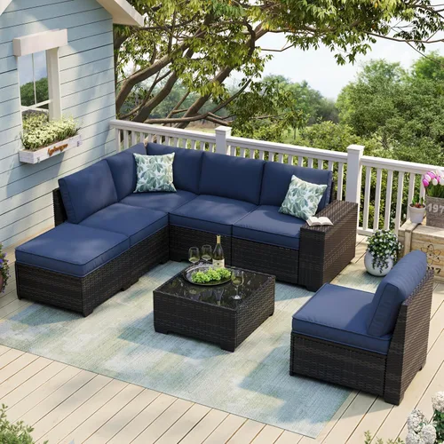 Vista 13 de JOYURE Juego de muebles de patio de 5 piezas, sofá de exterior con cojines impermeables, sofá de patio en forma de L de ratán y mesa auxiliar Gris