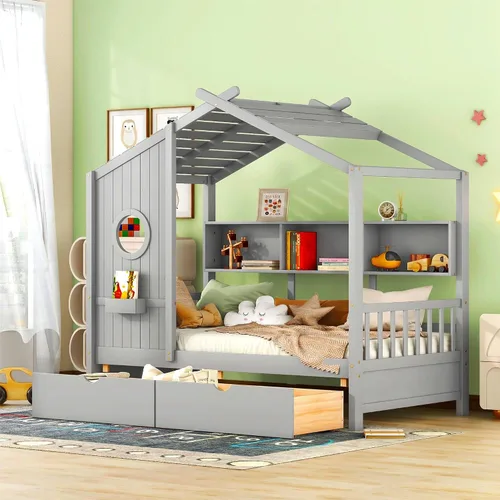 Vista 28 de Cama de casa con tienda y estantería, 2 cajones, carga USB Espresso-tt
