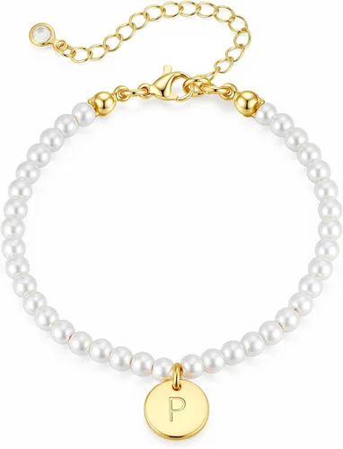 Vista 30 de Ursteel Pulsera de Perlas con Inicial para Mujer - Delicada Pulsera de Cuentas de Perlas con Letra Chapada en Oro de 14 Quilates para Mujer