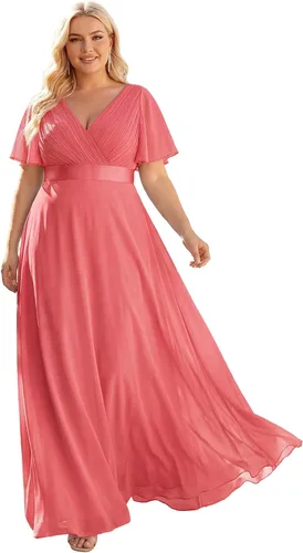 Vista 47 de Ever-Pretty Vestidos formales de noche de gasa para mujer con cuello en V de talla grande para mujeres con curvas, vestido de dama de honor de largo