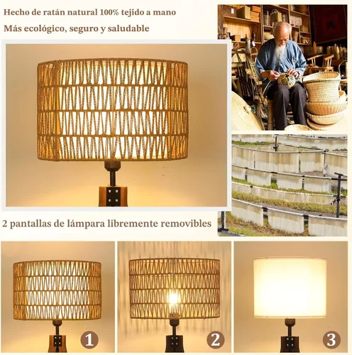 Vista 9 de LAMSU Lámparas de pie estilo bohemio con trípode para sala de estar, lámpara de pie de madera de ratán con pantallas de tela, lámpara de pie