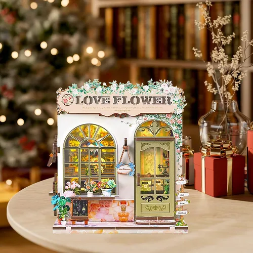 Vista 3 de Kit de rincón de libros – Kit de casa en miniatura de bricolaje con luz LED, rompecabezas de madera 3D, decoración de estantería estilo floristería