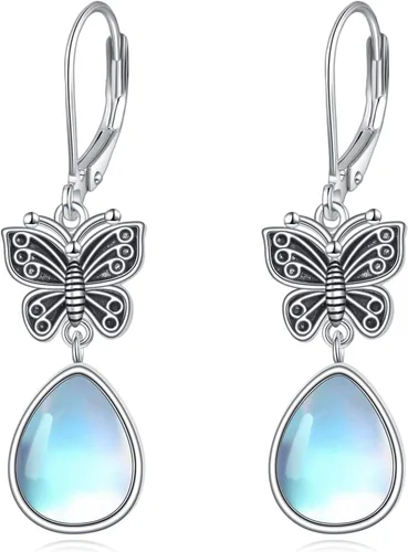 Vista 11 de POPLYKE - Aretes de plata de ley 925 con mariposa de libélula, colibrí, girasol, concha de abulón y piedra lunar, con cierre de palanca