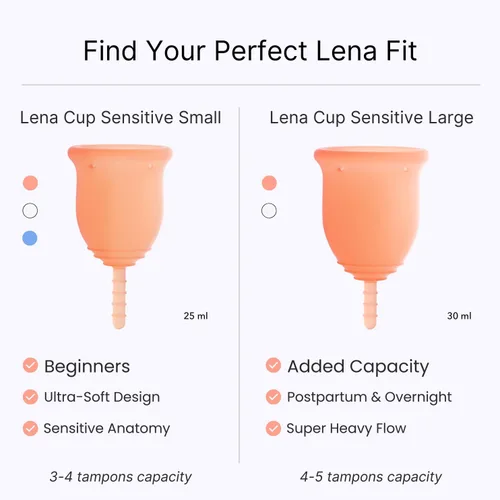 Vista 5 de Lena Juego de 2 copas menstruales sensibles ultrasuaves (pequeñas y grandes) de silicona de grado médico para mujeres, flujo pesado, reutilizable