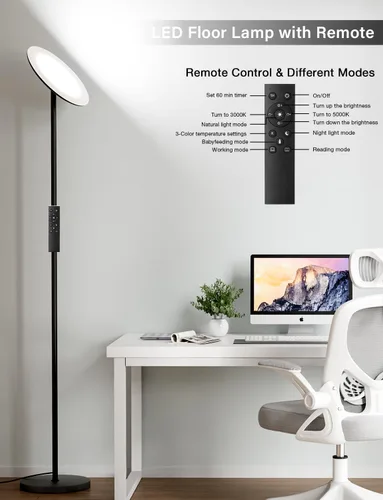 Vista 3 de Lámpara de pie LED moderna - Control remoto y táctil, lámpara de pie tipo antorcha de 40 W/2400 lm, completamente regulable, 3 temperaturas