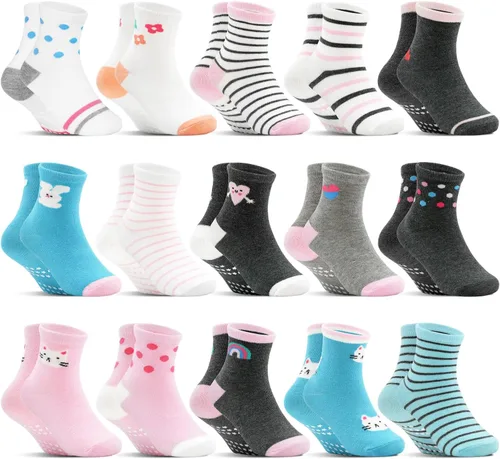 Vista 9 de Calcetines antideslizantes para niños pequeños, 15 pares, calcetines de agarre para niñas y niños de 0 a 7 años, calcetines suaves de dibujos