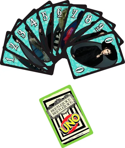 Vista 3 de Mattel Games UNO Beetlejuice Beetlejuice Juego de Cartas para Niños, Adultos y Familia con Baraja y Regla Especial Inspirada en la Película