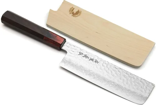 Vista 10 de Yoshihiro VG10 Cuchillo japonés para verduras Nakiri de 46 capas de Serie Damascus, mango de Ambrosia de 6.5' (165mm)