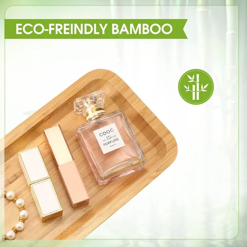 Vista 3 de Bandeja de tocador de bambú, bandeja de encimera de baño, organizador rectangular de madera para dispensador de jabón, velas, joyas, perfumes, 9.8 x