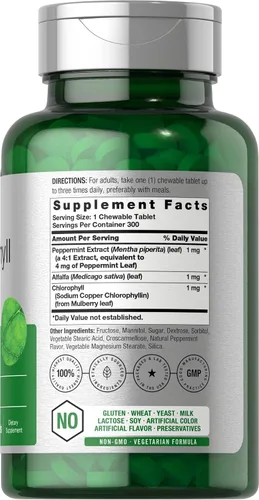 Vista 2 de Horbäach Pastillas de clorofila 300 tabletas masticables Sabor natural a menta Suplemento vegano, sin OMG y sin gluten