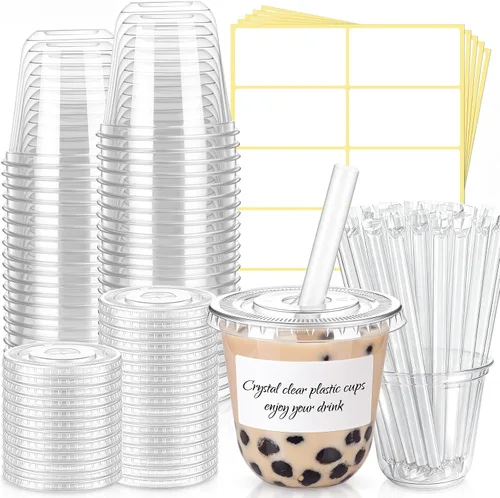 Vista 14 de Ziliny 25 juegos de vasos de plástico transparente con tapas, pajitas y pegatinas, vasos desechables de PET engrosado para café helado, té