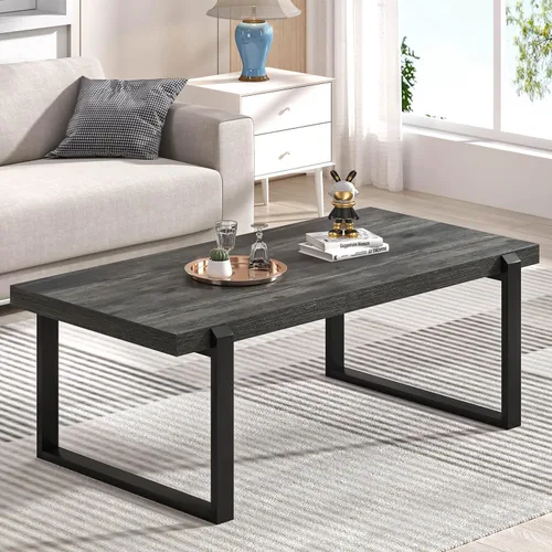 Vista 11 de EXCEFUR - Mesa de café moderna negra, mesa de centro industrial de madera y metal para sala de estar, mesa de té y cóctel rectangular, roble negro
