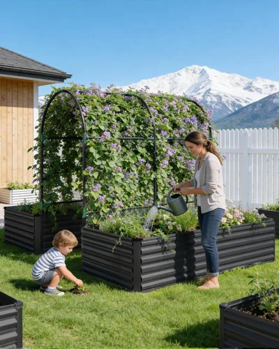 Vista 7 de Cama de jardín elevada con enrejado de arco para plantas trepadoras, cama de jardín elevada galvanizada, jardineras al aire libre para verduras