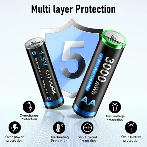 Vista 8 de CITYORK Baterías recargables AA de litio de 3000 mWh, paquete de 8, batería doble A recargable USB de 1.5 V