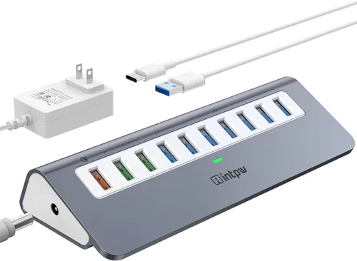 Vista 12 de intpw Hub USB con alimentación 10Gbps, Hub de datos de aluminio de 7 puertos USB 3.2 con 4 puertos USB 3.2 Gen 2, 3 puertos de carga rápida