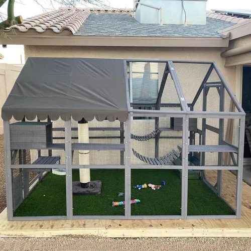 Vista 11 de Aivituvin Casa de gato al aire libre Katio Kitty Recinto con puerta de entrada súper grande, jaula de gato de madera para interiores