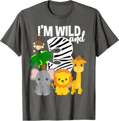 Vista 71 de Camiseta de cumpleaños con temática de zoológico de I'm Wild and 3, Negro, S