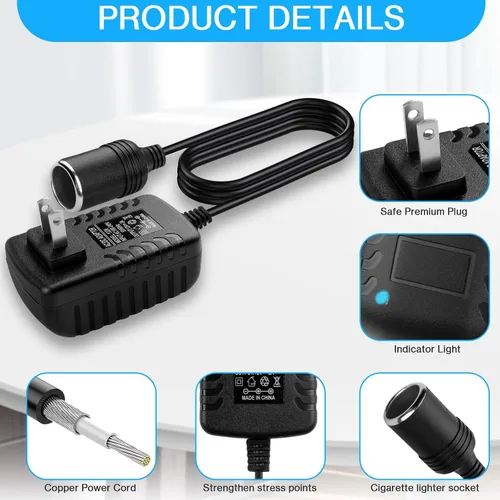Vista 4 de Herfair Convertidor de CA a CC 2A 24W Adaptador de enchufe para encendedor de cigarrillos de automóvil, cable de alimentación 110-240V a 12V AC/DC