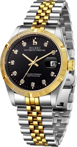 Vista 6 de BUREI Reloj automático para hombre, con fecha, pulsera de acero inoxidable, pulsera ajustable para hombre