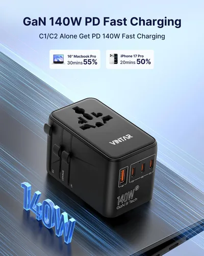 Vista 2 de VINTAR Adaptador de viaje universal GaN de 140 W para Europa/Reino Unido/US 140W negro