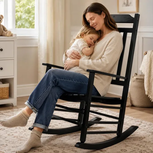 Vista 8 de Kozyard Mecedora de madera, silla mecedora de madera maciza para exteriores con respaldo alto y asiento de listones, mecedora ergonómica
