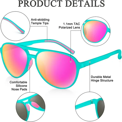 Vista 4 de URUMQI Lentes de sol polarizados estilo aviador para mujeres y hombres, lentes de sol piloto retro de los años 70, montura TR90, protección UV400