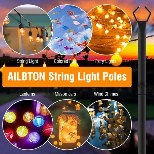 Vista 3 de AILBTON Paquete de 2 postes de luz de cadena de 10 pies, postes de luz para cadena de luces al aire libre, postes de luz al aire libre