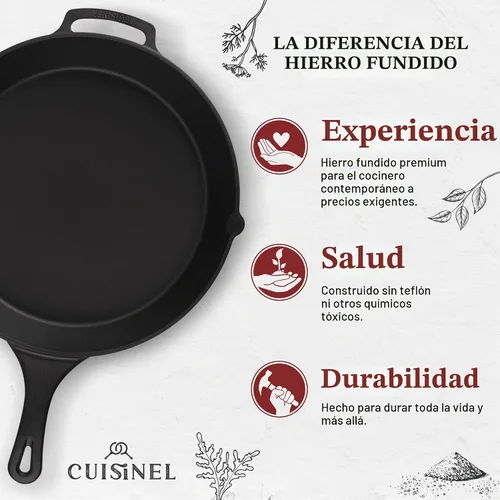 Vista 2 de Cuisinel Sartén de hierro fundido de 15" + tapa de vidrio + raspador de sartén negro + cubierta de agarre de mango de silicona - Utensilios