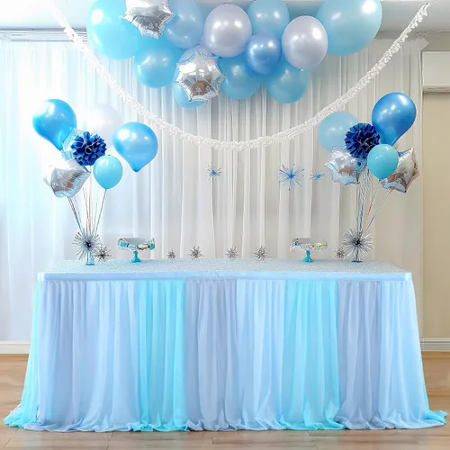 Vista 14 de Besutolife Faldas de mesa de tul rosa y azul para revelación de género, falda de mesa tutú para baby shower, para niñas y niños, fiesta