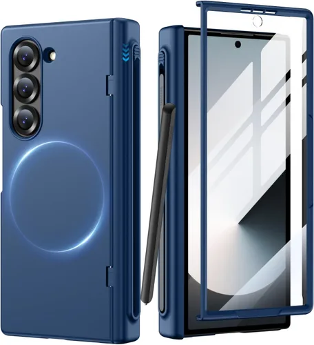 Vista 8 de MAKAVO Funda para Samsung Galaxy Z Fold 3 5G con protección de bisagra, protector de pantalla de vidrio templado integrado, ajuste delgado 3D Negro