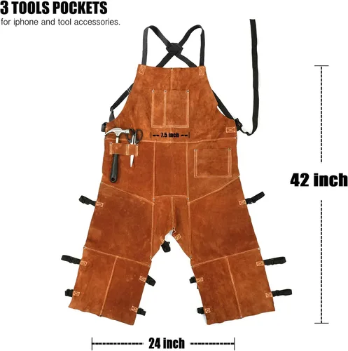 Vista 2 de Delantal de pierna dividida de cuero con mangas de soldadura, protección contra calor y llamas, ajustable de M a XXXL para hombres y mujeres, 24 x