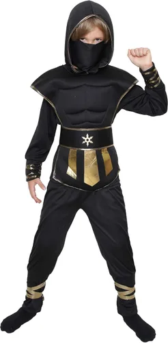 Vista 3 de Conjunto de disfraz de ninja para niños, disfraz muscular de ninja para niños, disfraz de lujo