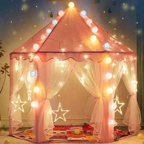 Vista 2 de wilwolfer tienda de campaña tipo castillo de princesa para niñas, tienda de campaña hexagonal grande para jugar, casa de juegos con luces de Rosa